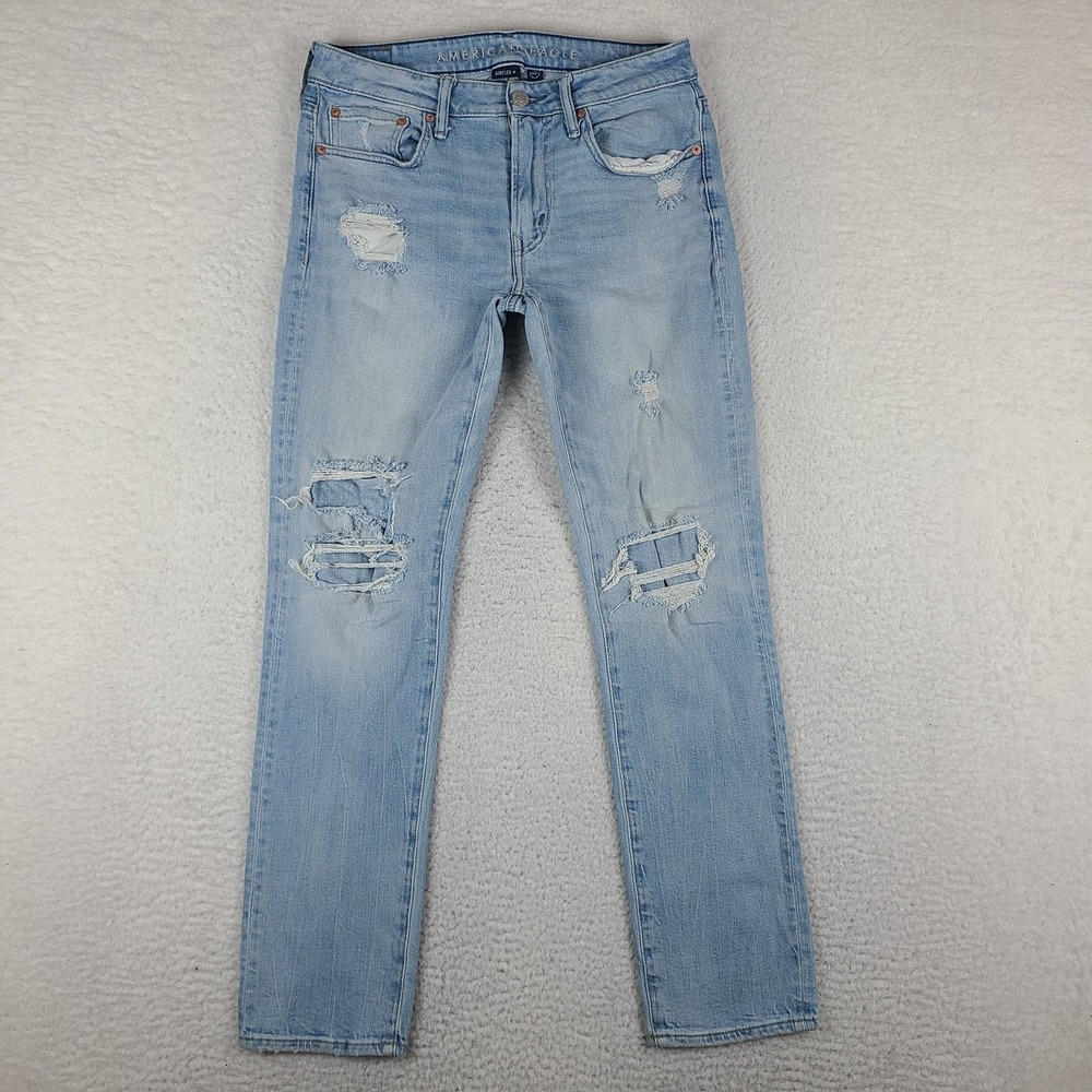 American Eagle Jeans Mens 29x30 Blue Airflex + Slim Distress Light Wash Denim *